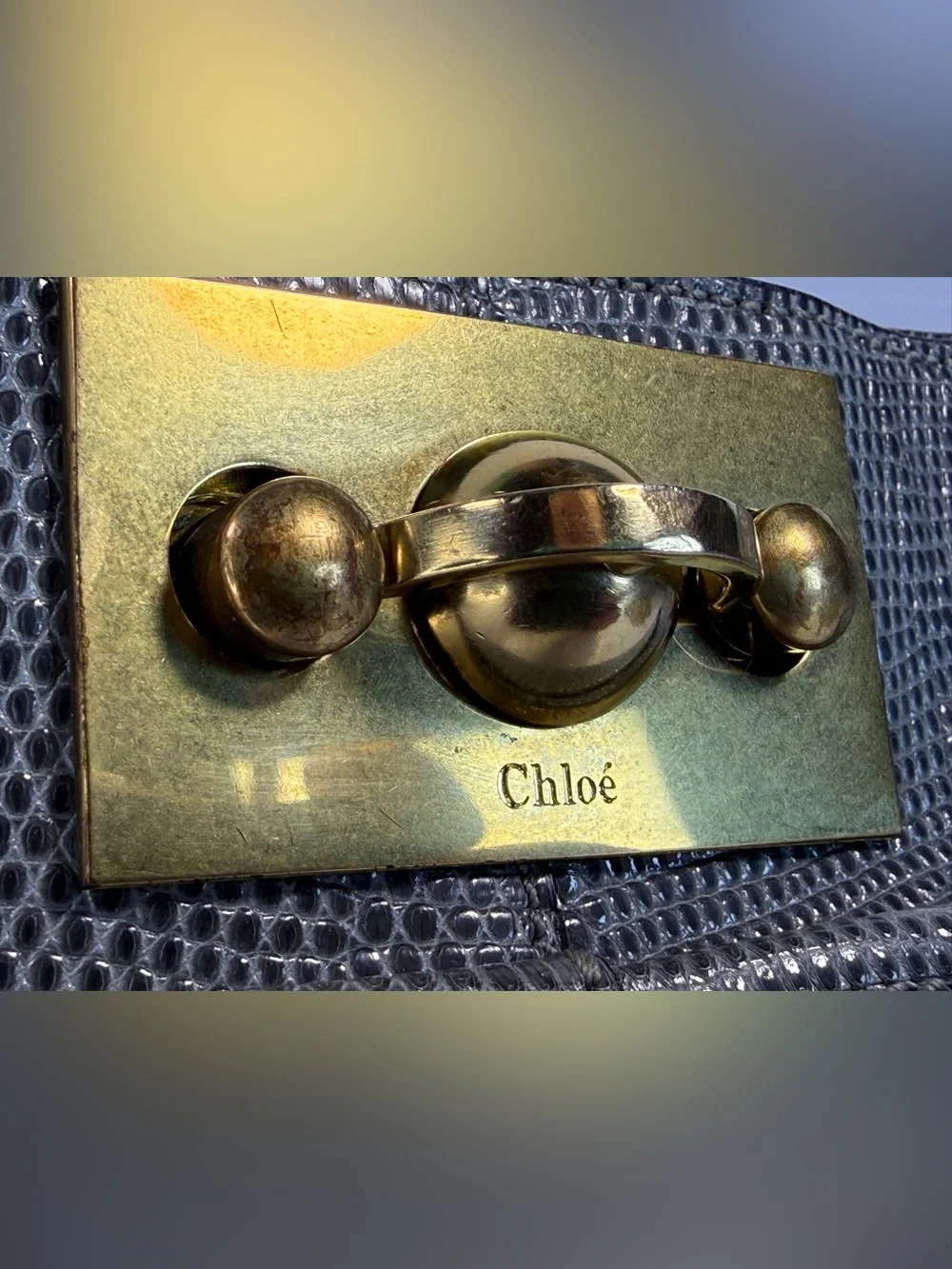 Chloé Gray Lizard-Embossed Leather Clutch with Gold Turnlock